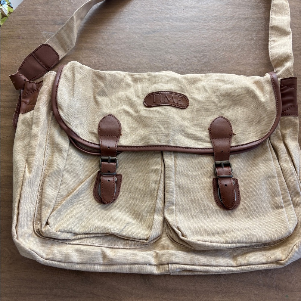TIME MAGAZINE Tan Canvas Messenger .Satchel Bag